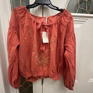 Free People XS Maria Maria Lace Blouse Embroidered Athena OB931446 Long Sleeve